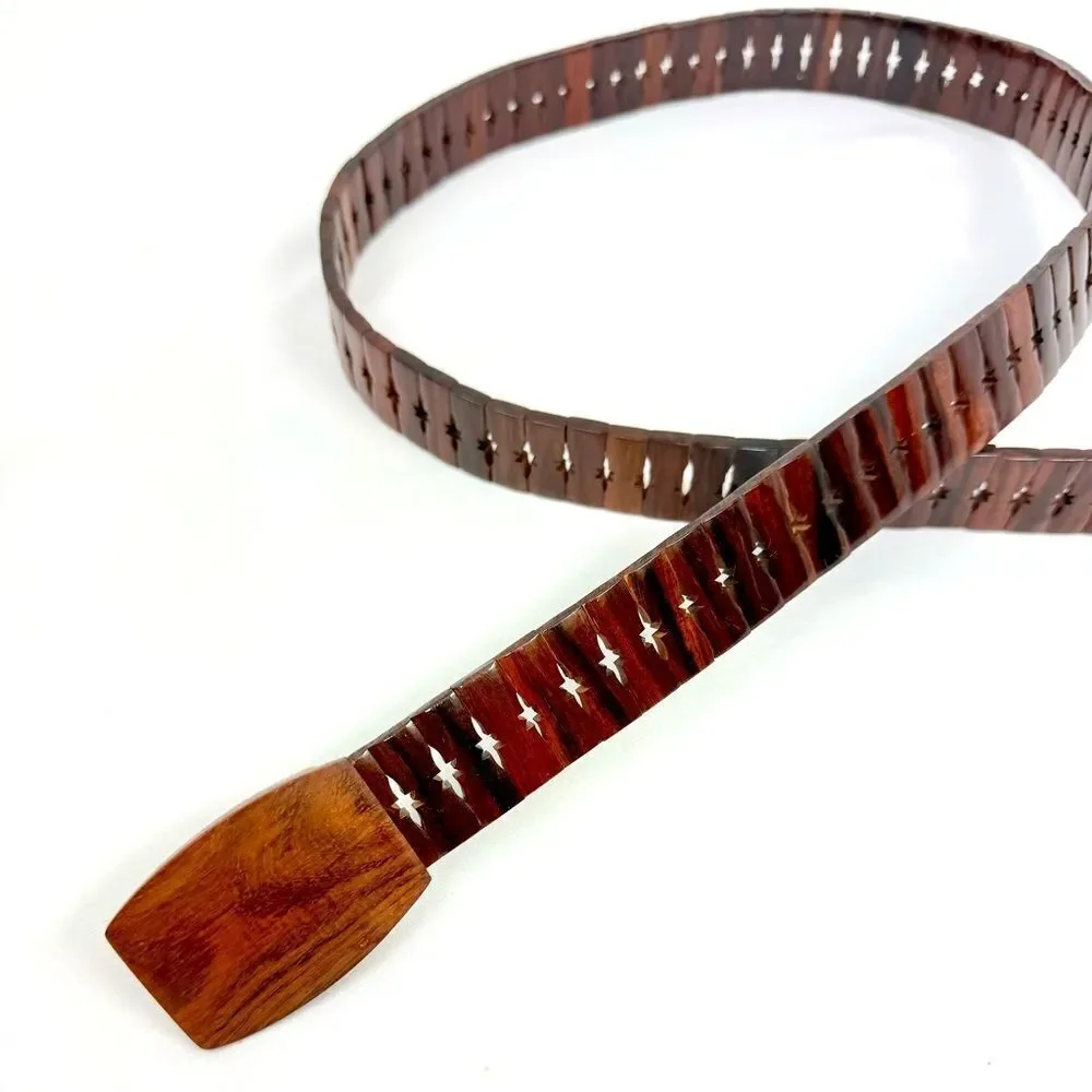 Vintage Brown All Wood Adjustable Size Star Slit Wood Buckle Belt